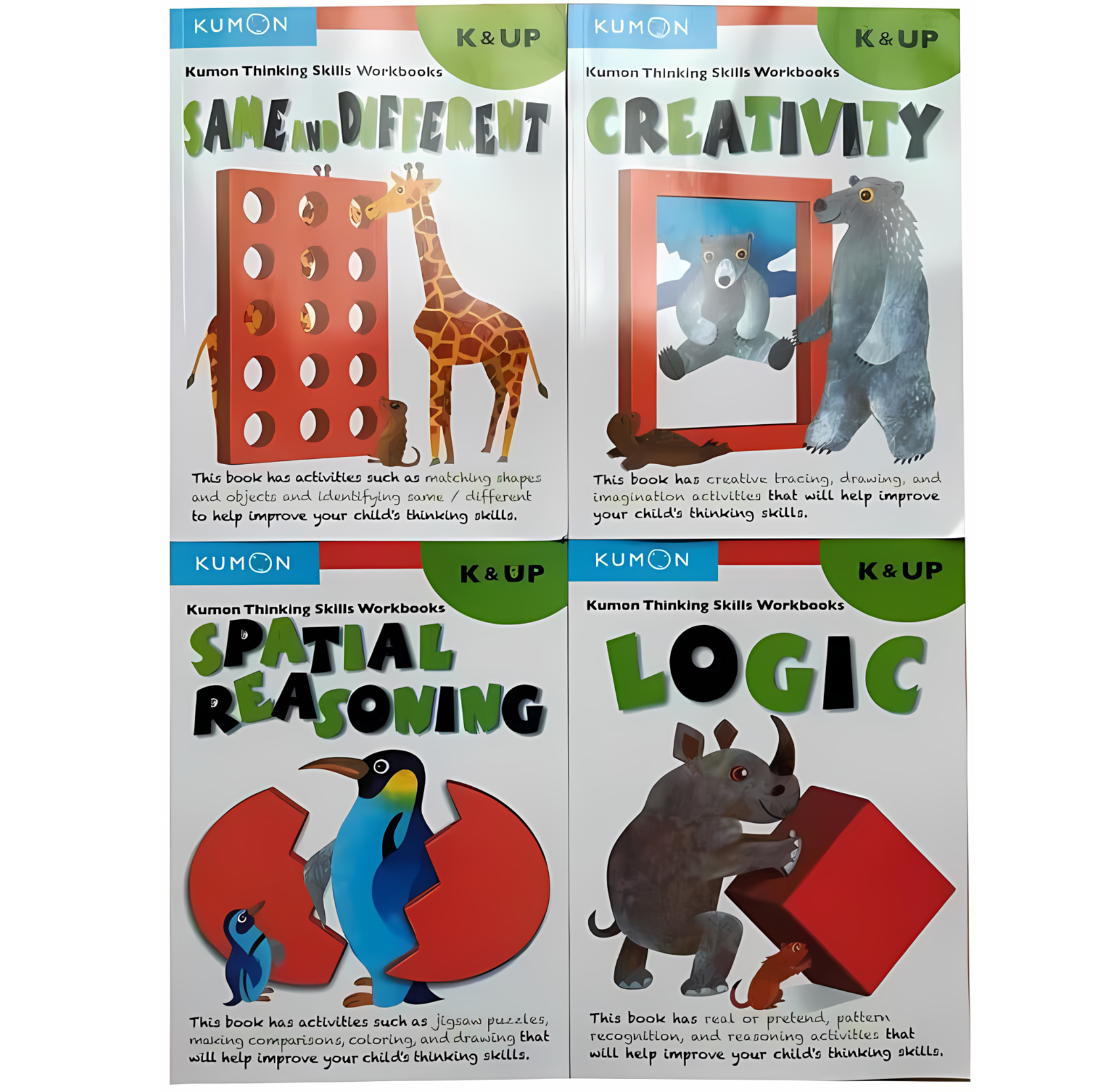 Kumon Thinking Skills Workbooks K & UP Exercises in English Kids Preschool Education Logic Creativity Same And Different (4 Books K and UP)